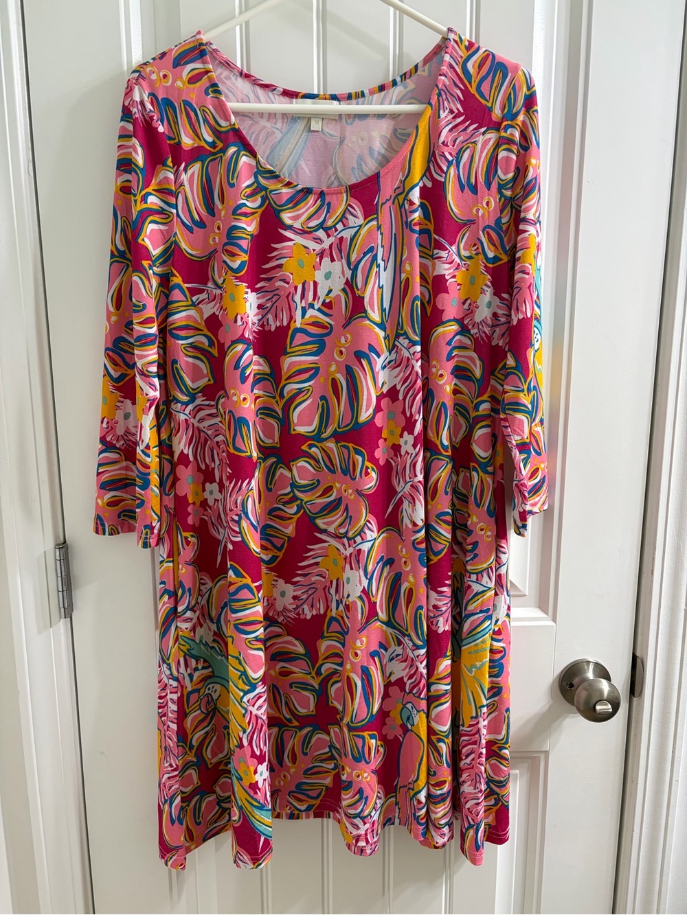 Simply Southern Hot Pink Tropical Leaf Swing Dress Sz M Resort/Vacation